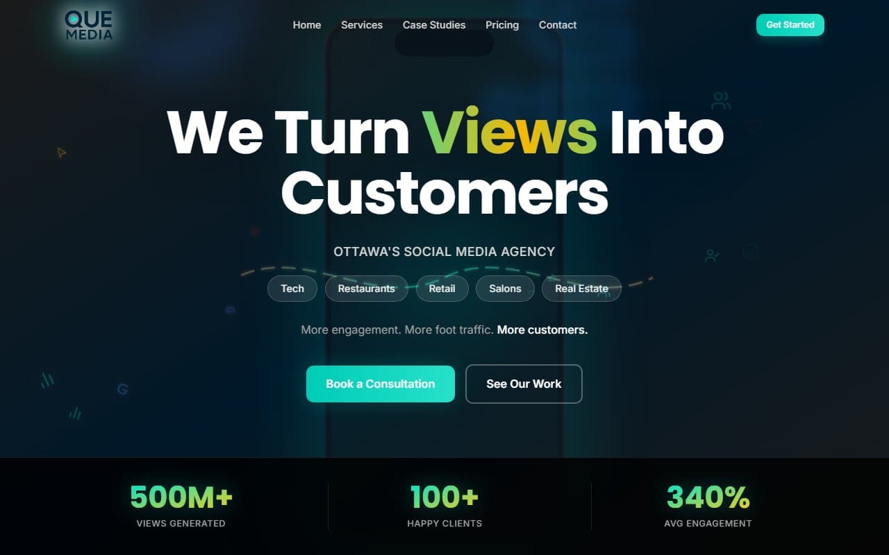 Que Media desktop view